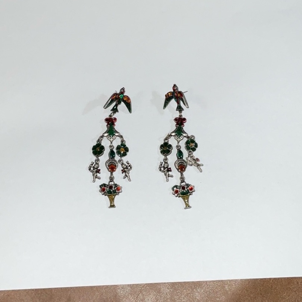 Vintage Don-Lin Chandelier Earrings Angels Enamel Rhinestone Dangle Statement - Picture 2 of 15
